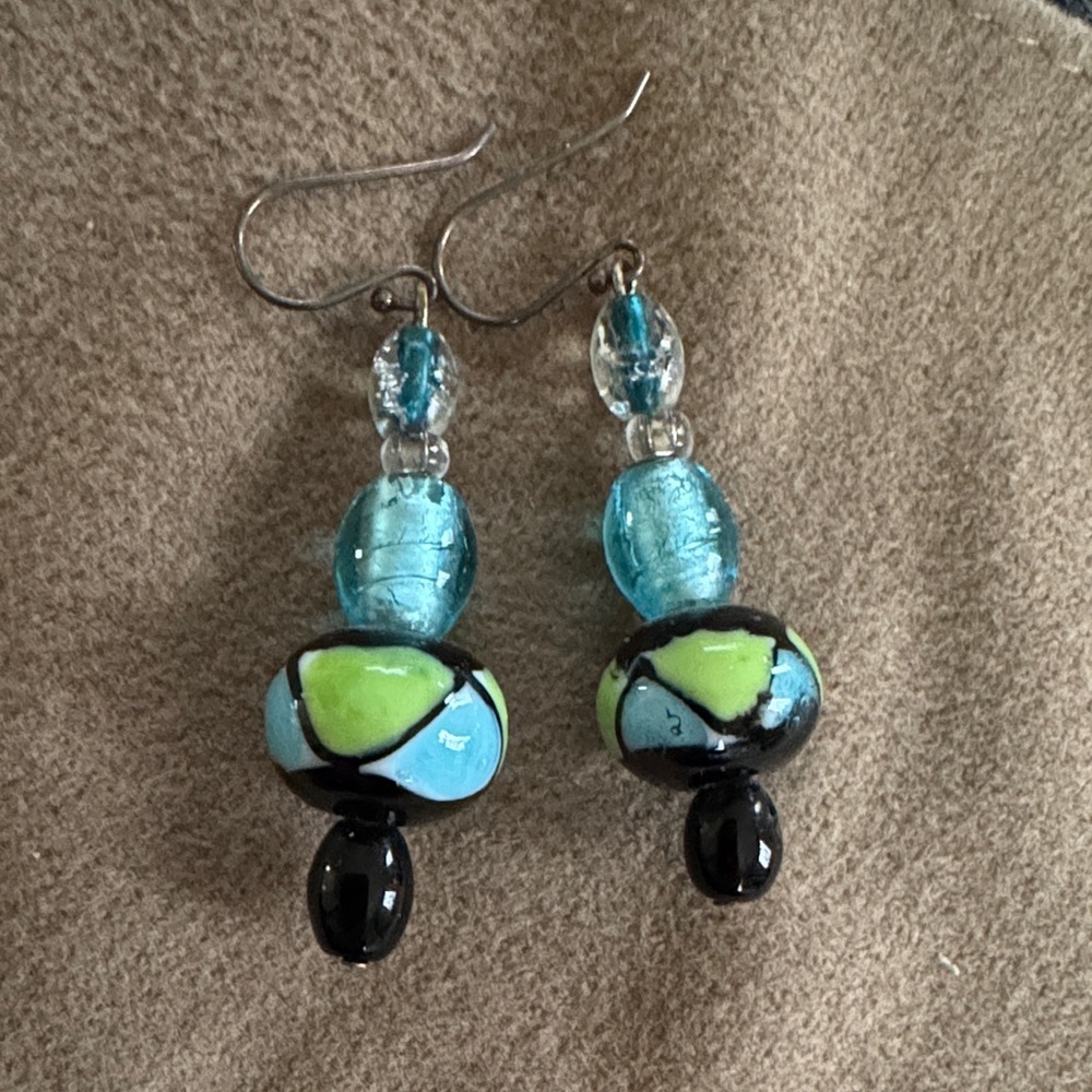 Hand crafted Blue and Black Beaded Earrings - Picture 2 of 5